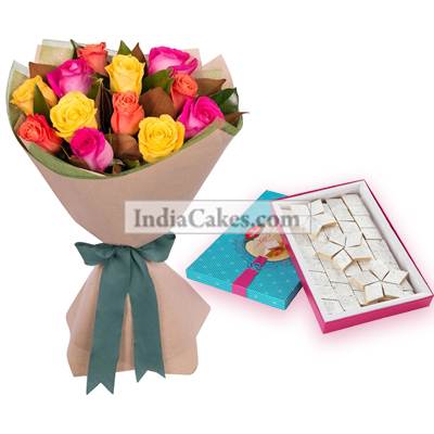 12 Mix Coloured Roses Bunch And Pack Of Half Kg Kaju Katli Sweets