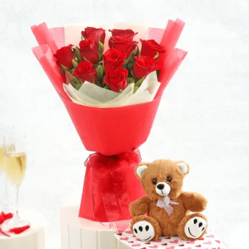 10 Romantic Red Roses with Teddy