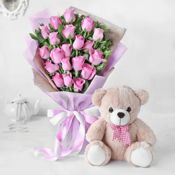 20 Cunning Pink Rose Bouquet with Teddy