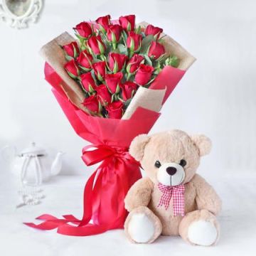 20 Majestic Red Rose Bouquet with Teddy