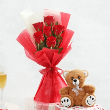 Love Duo 6 Roses with Teddy