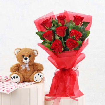 8 Roses with Teddy