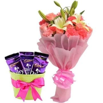 Bouquet of 10 Pink Carnations n 5 Pink Roses n 2 White Asiatic Lilies with 5 Dairy Milk