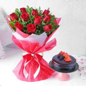 Chocolate Truffle Cake Half Kg with 6 Red Roses Bunch