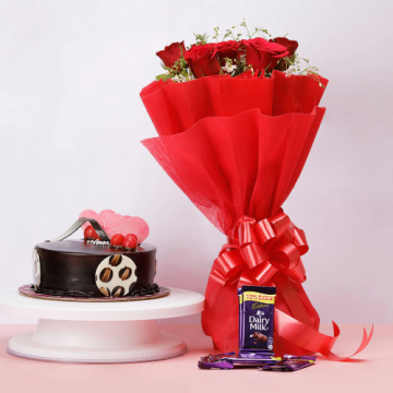 Eggless Chocolate Cake with 8 Red Roses and 5 Chocolates