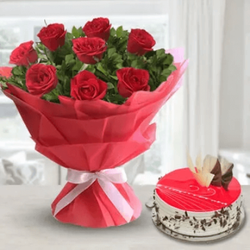 Eggless Strawberry Cake Half Kg with 6 Red Roses Bunch