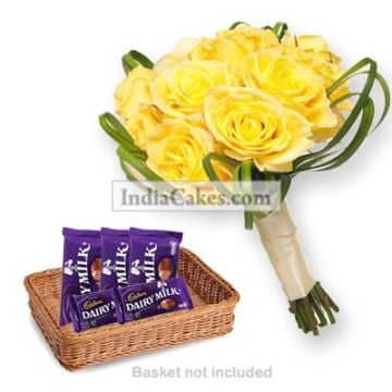 12 Yellow Roses Bunch And 5 Cadbury Dairy Milk Chocolate 