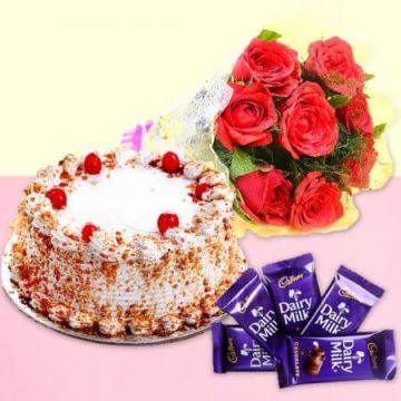 Half Kg Butter Scotch Cake-6 Red Roses Bunch-5 Chocolates