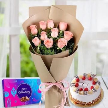 Eggless Half Kg Butterscotch Cake with 6 Pink Roses Bouquet and Cadbury Celebration