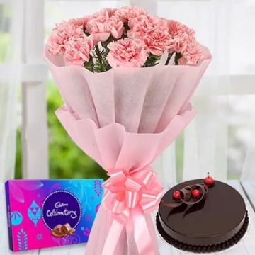 Half Kg Chocolate Cake with 6 Pink Carnation Bouquet and Cadbury Celebration