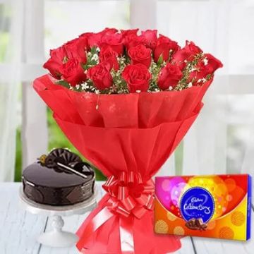 Half Kg Chocolate Cake with 6 Red Roses Bouquet and Cadbury Celebration