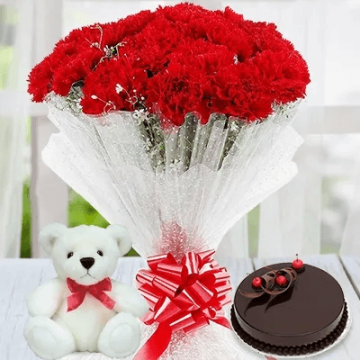 Eggless Half Kg Fresh Chocolate Cake with 6 Red Carnations Bunch and 6 Inch Teddy Bear