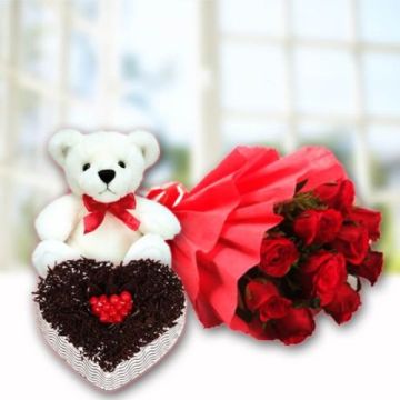 Eggless Half Kg Heart Shaped Black Forest Cake with 6 Red Roses Bunch and 6 Inch Teddy Bear