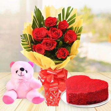 Eggless Half Kg Heart Shaped Red Velvet Cake with 6 Red Roses Bouquet and 6 Inch Teddy Bear