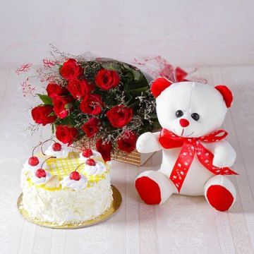 Half Kg Pineapple Cake-6 Red Roses Bunch-Teddy Bear