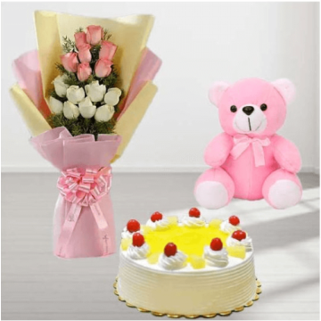 Eggless Half Kg Pineapple Cake with 10 Pink and White Roses Bunch and 6 Inch Teddy Bear