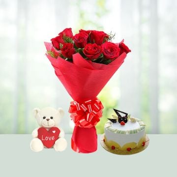 Eggless Half Kg Pineapple Cake with 6 Red Roses Bunch and 6 Inch Teddy Bear