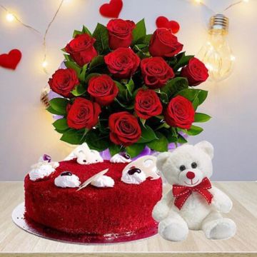 Eggless Half Kg Red Velvet Cake with 6 Red Roses Bunch and 6 Inch Teddy Bear