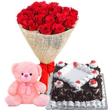 Eggless Half Kg Square Black Forest Cake with 6 Red Roses Bunch and 6 Inch Teddy Bear