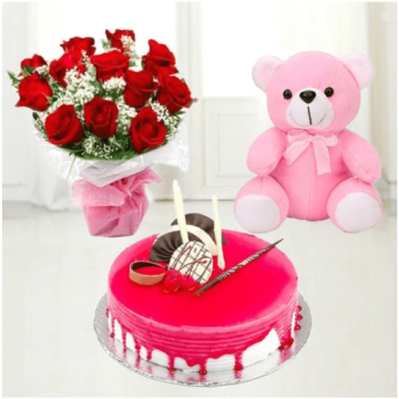 Half Kg Strawberry Cake with 6 Red Roses Bunch and 6 Inch Teddy Bear