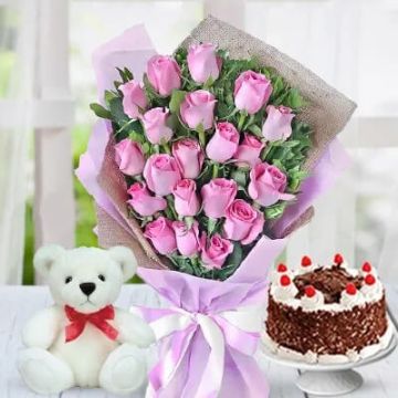 Half Kg Tempting Black Forest Cake with 10 Pink Roses Bunch and 6 Inch Teddy Bear