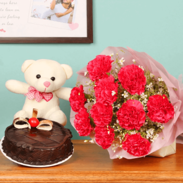 Half Kg Tempting Chocolate Cake with 6 Red Carnations Bunch and 6 Inch Teddy Bear