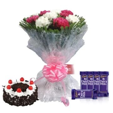 Eggless Half Kgs Black Forest Cake with 6 Mix Carnation Bunch and 5 Chocolates