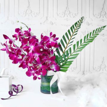 Luxurious 6 Purple Orchids in Glass Vase