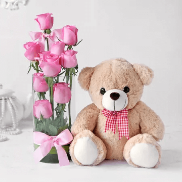 Pristine 10 Pink Roses with Teddy