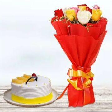 Eggless Yummy Pineapple Cake Half Kgs with 6 Mix Roses Bunch