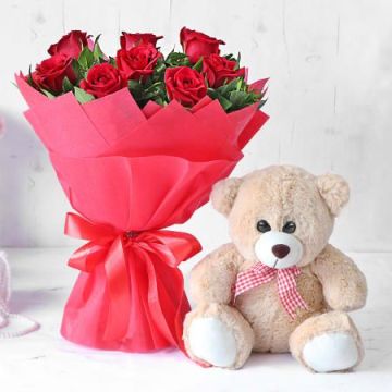 8 Gorgeous Red Roses Bouquet with Teddy