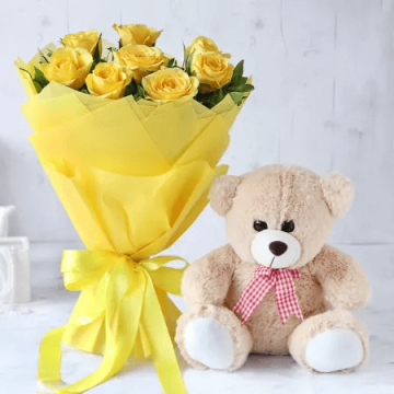 8 Yellow Rose Bouquet with Teddy