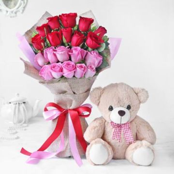 Bouquet Of 20 Red and Pink Roses with Teddy