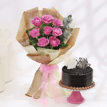 Chocolate Cake with 9 Pink Roses