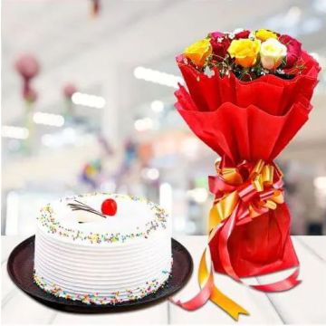 Eggless Delectable Vanilla Cake Half Kgs with 6 Mix Roses Bunch