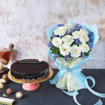 Delicious Truffle Cake Half Kg with Bunch of 10 White Roses