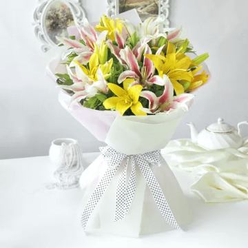 Elegant Mix of 5 Pink and 5 Yellow Lilies Bouquet