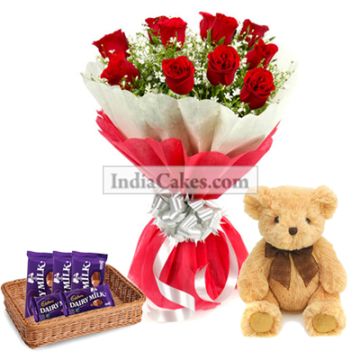 12 Red Roses Bunch And 5 Cadbury Dairy Milk Chocolate  With 6 Inch Teddy 