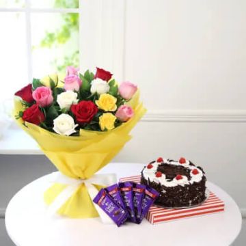 Eggless Half Kg Black Forest Cake with 6 Mix Roses Bunch and 5 Chocolates