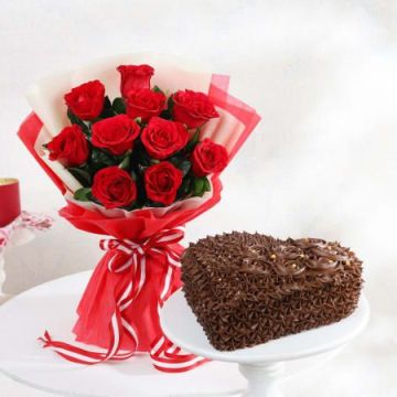 Half Kg Heart Shaped Chocolate Truffle Cake with 10 Red Roses