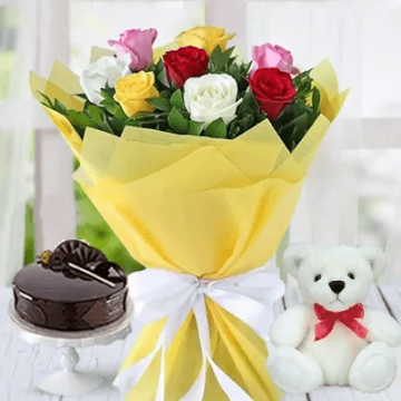 Eggless Half Kg Divine Chocolate Cake with 6 Mix Roses Bouquet and 6 Inch Teddy Bear