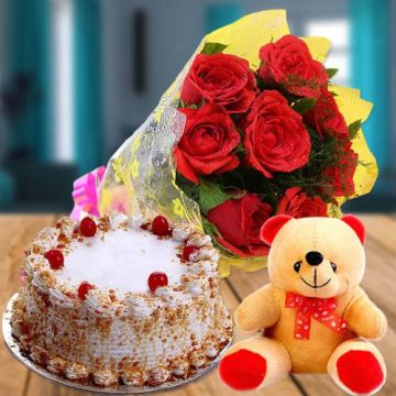 Eggless Half Kg Flavorous Butterscotch Cake with 6 Red Roses Bunch and 6 Inch Teddy Bear