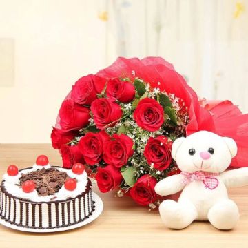 Half Kg Rich Black Forest Cake with 6 Red Roses Bunch and 6 Inch Teddy Bear