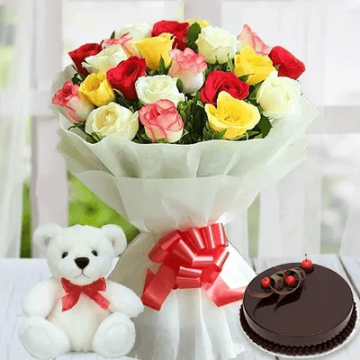 Eggless Half Kg Rich Chocolate Cake with 10 Mix Roses Bunch and 6 Inch Teddy Bear