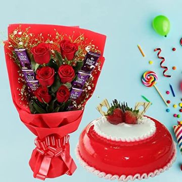 Half Kg Strawberry Cake-6 Red Roses Bunch-5Chocolates