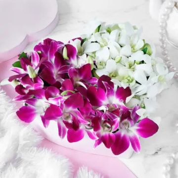 Heart Shaped Bouquet of 10 White and Purple Orchids