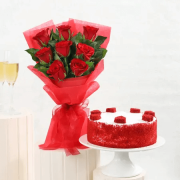 Red Delight Surprise 8 Roses n Half Kg Red Velvet Cake