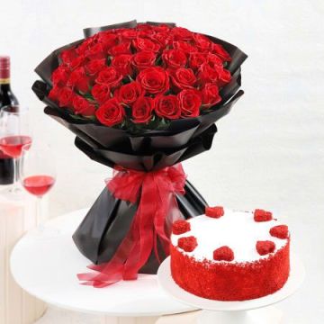 Red Velvet Half Kg with 50 Red Roses