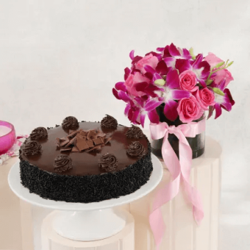 Truffle Delight Cake Half Kg with Bunch of Roses and Orchids