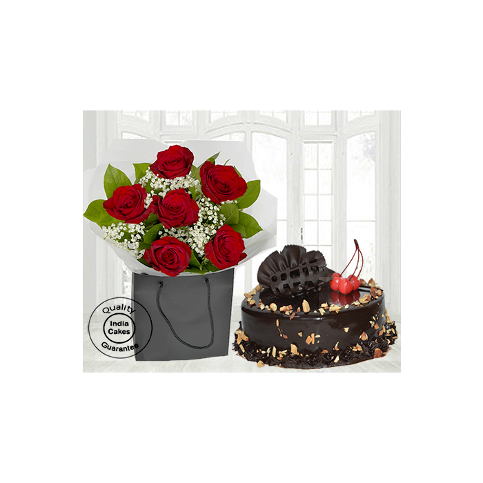 Choco Almond Cake Half Kg with 6 Red Roses